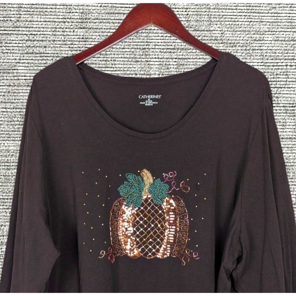 Catherines Womens Top 2X 22/24W Brown Pumpkin Autumn Sequin Beaded 3/4 Sleeve